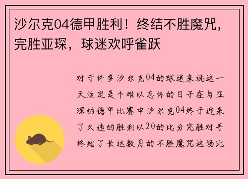 沙尔克04德甲胜利！终结不胜魔咒，完胜亚琛，球迷欢呼雀跃